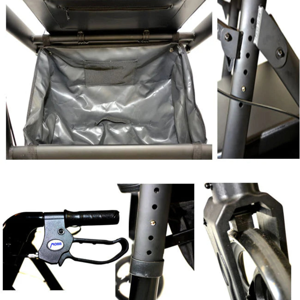 Close-up views looking inside the spacious under-seat storage bag and showcasing the durable wheel assembly on the MOBB folding rollator.